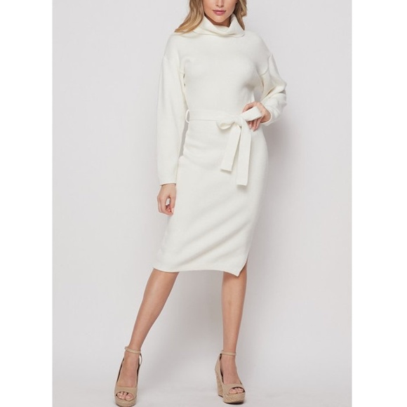 Ivory Turtleneck Belted Knit Sweater Dress - Picture 3 of 7